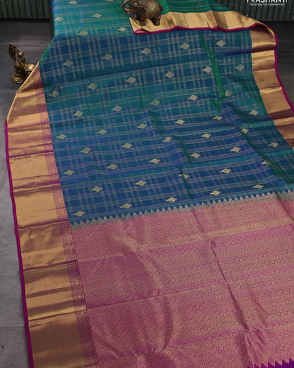 Pure kanchipuram silk saree dual tone teal green and pink with allover zari checks & buttas and rich zari woven border