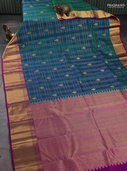Pure kanchipuram silk saree dual tone teal green and pink with allover zari checks & buttas and rich zari woven border