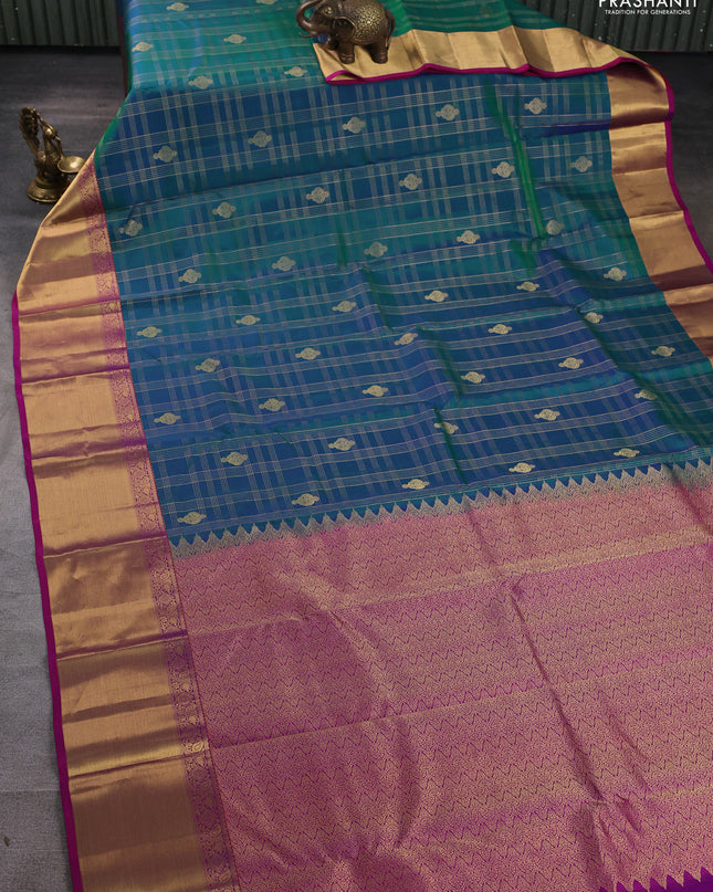 Pure kanchipuram silk saree dual tone teal green and pink with allover zari checks & buttas and rich zari woven border