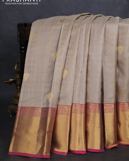 Pure kanchipuram silk saree beige and pink with allover zari checks & buttas and rich zari woven border