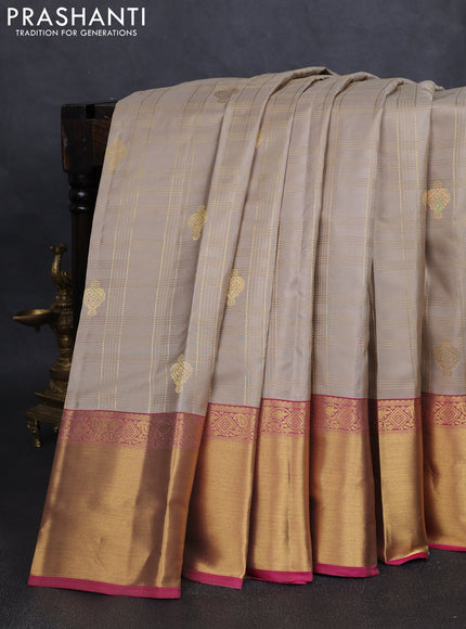 Pure kanchipuram silk saree beige and pink with allover zari checks & buttas and rich zari woven border