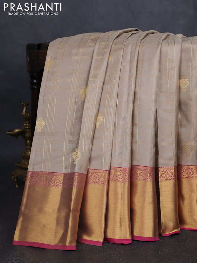 Pure kanchipuram silk saree beige and pink with allover zari checks & buttas and rich zari woven border