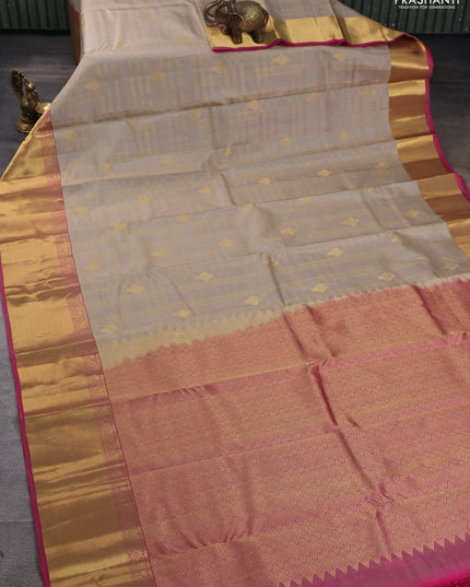 Pure kanchipuram silk saree beige and pink with allover zari checks & buttas and rich zari woven border
