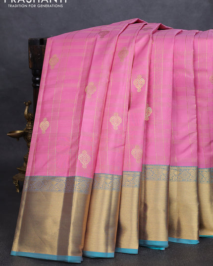 Pure kanchipuram silk saree light pink and teal blue with allover zari checks & buttas and rich zari woven border