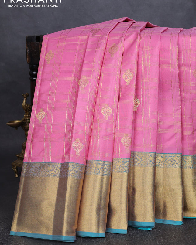 Pure kanchipuram silk saree light pink and teal blue with allover zari checks & buttas and rich zari woven border