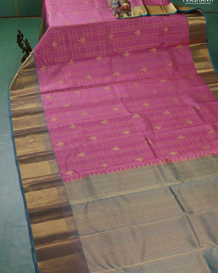 Pure kanchipuram silk saree light pink and teal blue with allover zari checks & buttas and rich zari woven border