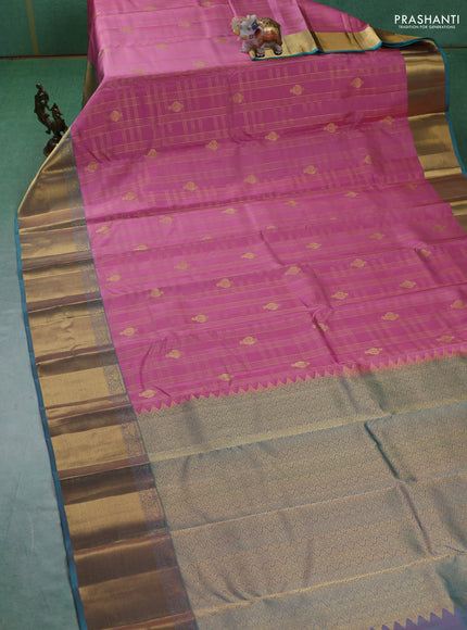 Pure kanchipuram silk saree light pink and teal blue with allover zari checks & buttas and rich zari woven border