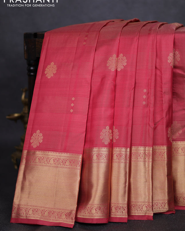 Pure kanchipuram silk saree pink shade and bottle green with allover vairaosi pattern & zari buttas and long rich zari woven border