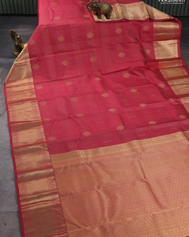 Pure kanchipuram silk saree pink shade and bottle green with allover vairaosi pattern & zari buttas and long rich zari woven border
