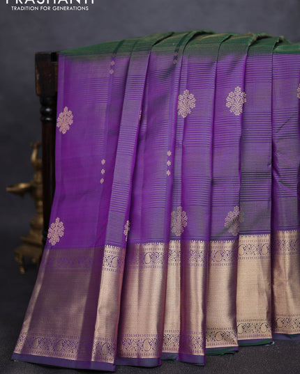 Pure kanchipuram silk saree dual tone greenish violet and dual tone magenta pink with allover vairaosi pattern & zari buttas and long rich zari woven border