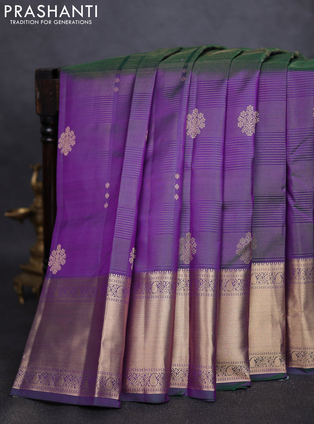 Pure kanchipuram silk saree dual tone greenish violet and dual tone magenta pink with allover vairaosi pattern & zari buttas and long rich zari woven border