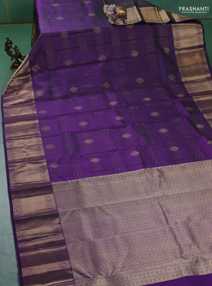 Pure kanchipuram silk saree dual tone greenish violet and dual tone magenta pink with allover vairaosi pattern & zari buttas and long rich zari woven border
