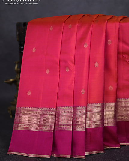 Pure kanchipuram silk saree dual tone pinkish orange and pink with zari woven buttas and ganga jamuna border