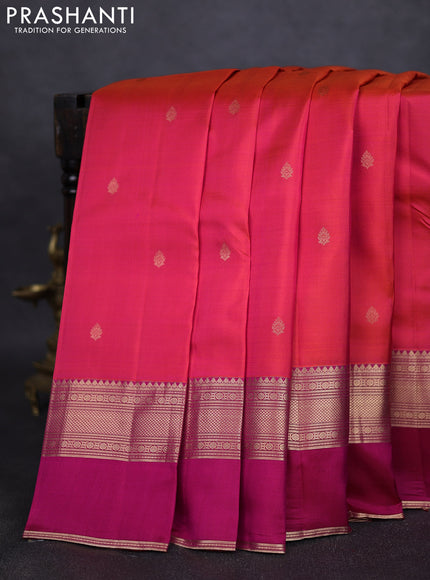Pure kanchipuram silk saree dual tone pinkish orange and pink with zari woven buttas and ganga jamuna border