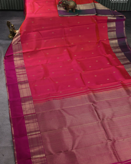 Pure kanchipuram silk saree dual tone pinkish orange and pink with zari woven buttas and ganga jamuna border