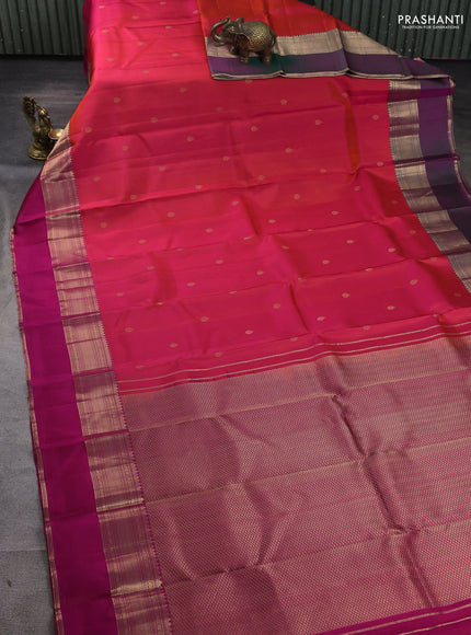 Pure kanchipuram silk saree dual tone pinkish orange and pink with zari woven buttas and ganga jamuna border