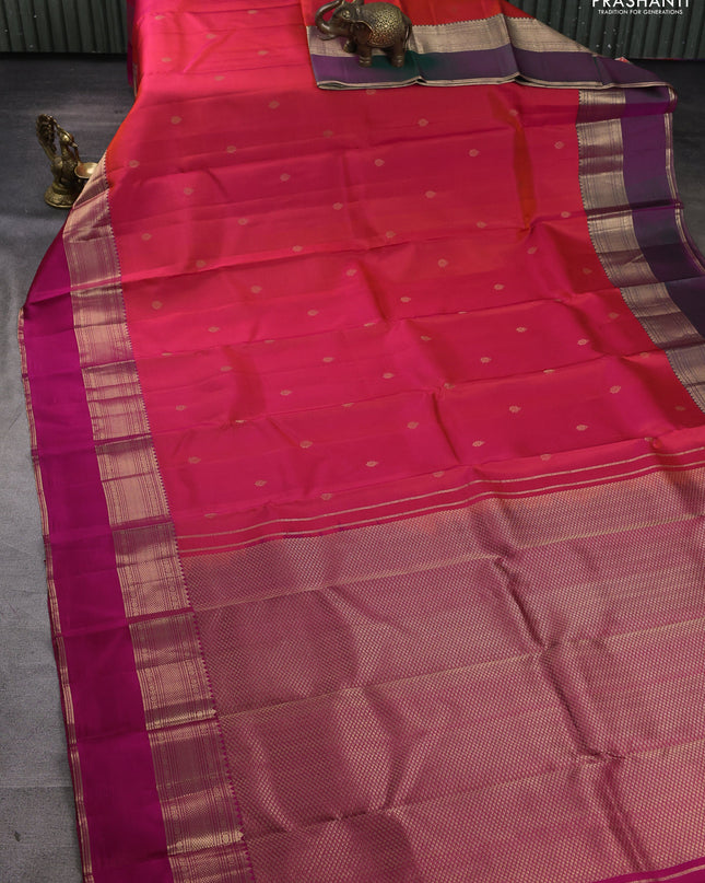Pure kanchipuram silk saree dual tone pinkish orange and pink with zari woven buttas and ganga jamuna border