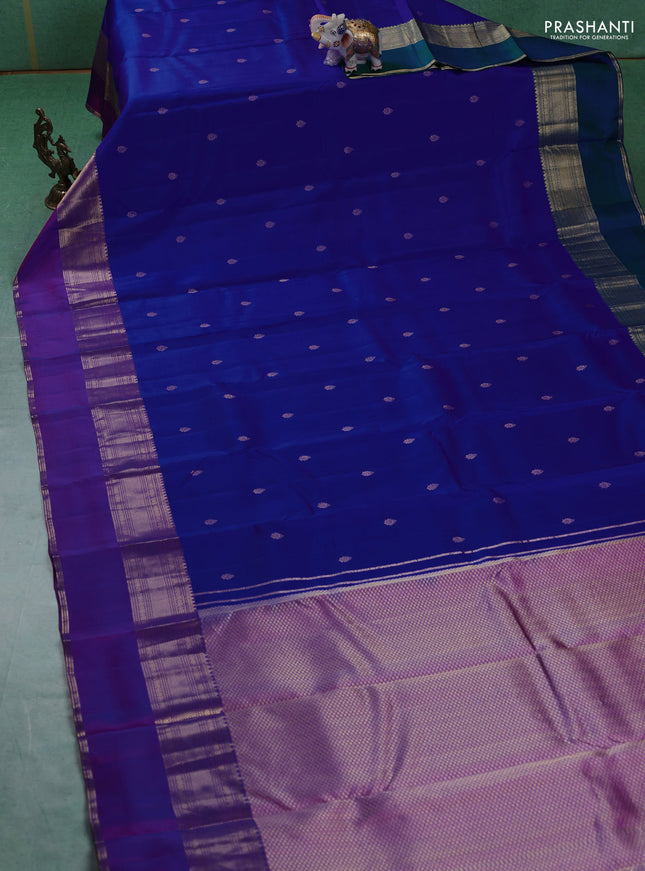 Pure kanchipuram silk saree royal blue and purple with zari woven buttas and ganga jamuna border