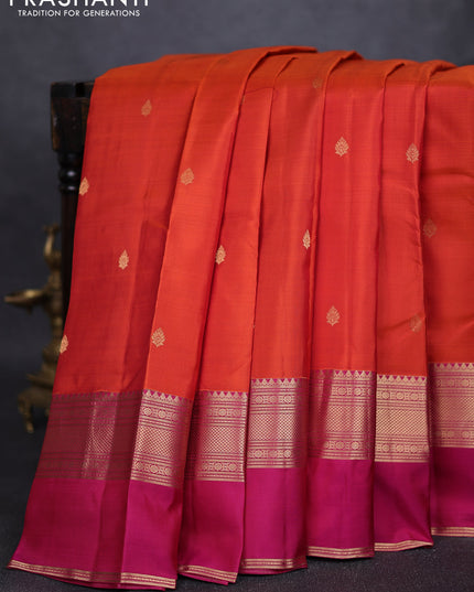Pure kanchipuram silk saree rustic orange and dual tone pink with zari woven buttas and ganga jamuna border