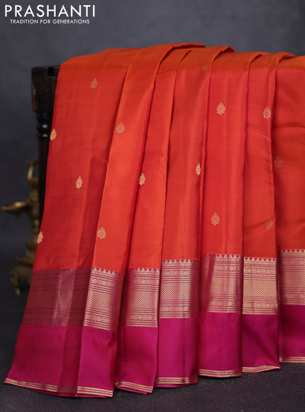 Pure kanchipuram silk saree rustic orange and dual tone pink with zari woven buttas and ganga jamuna border
