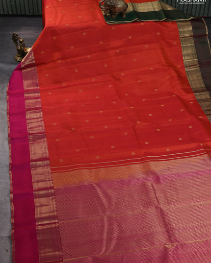 Pure kanchipuram silk saree rustic orange and dual tone pink with zari woven buttas and ganga jamuna border