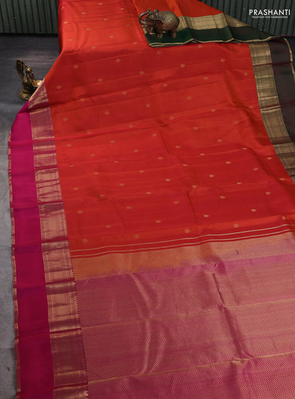 Pure kanchipuram silk saree rustic orange and dual tone pink with zari woven buttas and ganga jamuna border