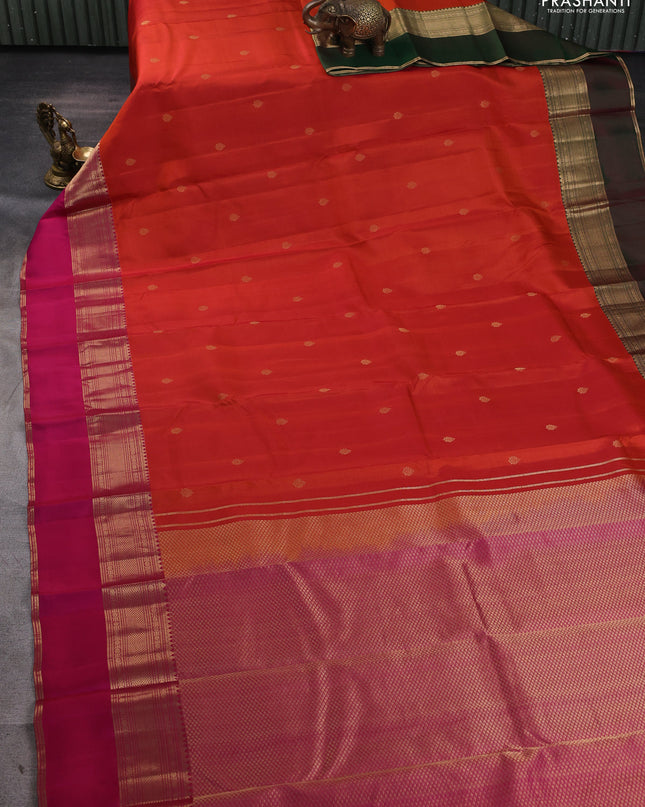 Pure kanchipuram silk saree rustic orange and dual tone pink with zari woven buttas and ganga jamuna border