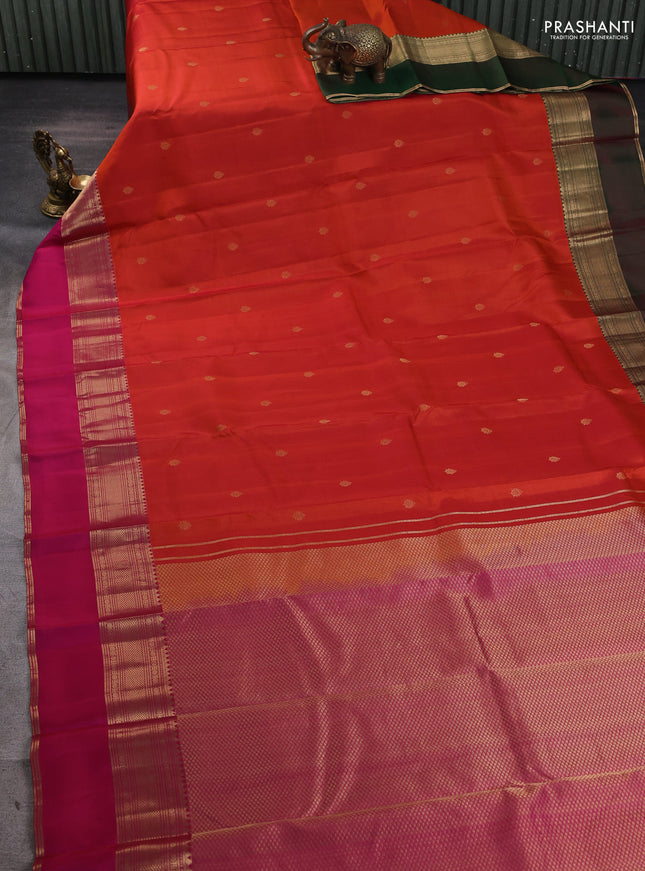 Pure kanchipuram silk saree rustic orange and dual tone pink with zari woven buttas and ganga jamuna border