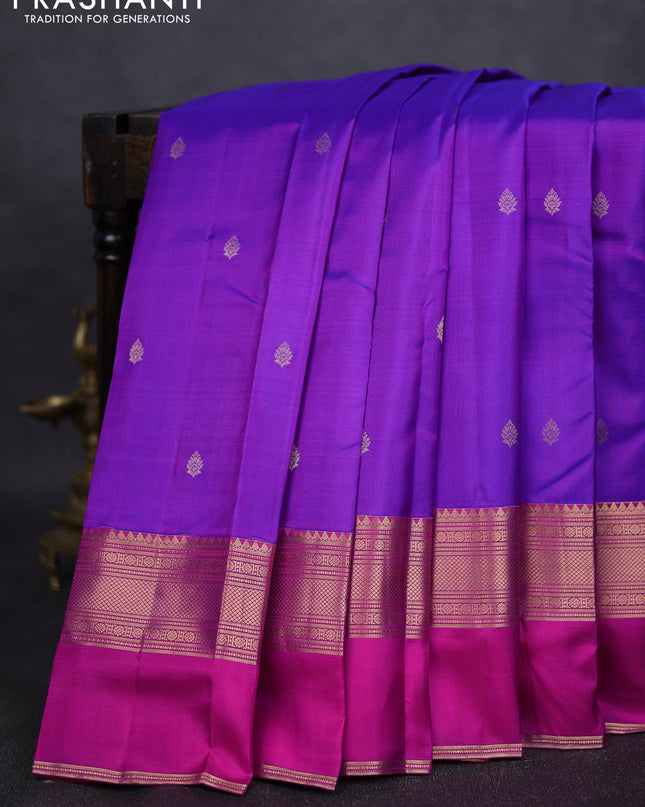 Pure kanchipuram silk saree purple and dual tone pink with zari woven buttas and ganga jamuna border
