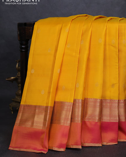 Pure kanchipuram silk saree mango yellow and dual tone pink with zari woven buttas and ganga jamuna border