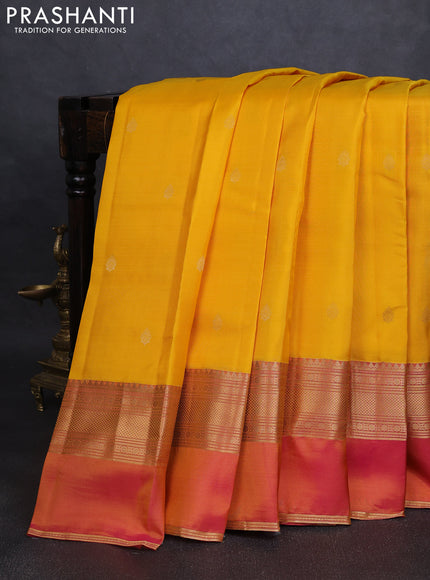 Pure kanchipuram silk saree mango yellow and dual tone pink with zari woven buttas and ganga jamuna border