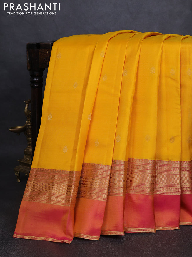 Pure kanchipuram silk saree mango yellow and dual tone pink with zari woven buttas and ganga jamuna border
