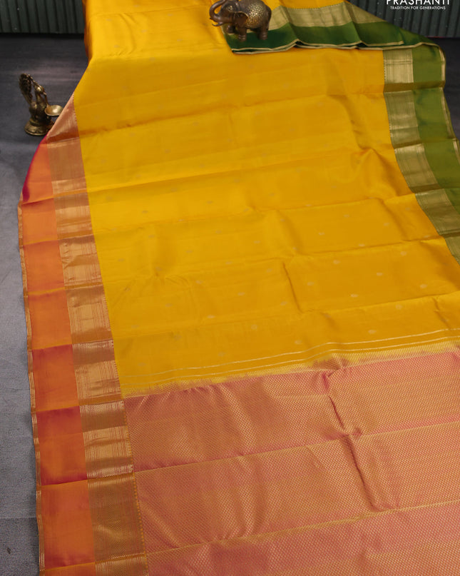 Pure kanchipuram silk saree mango yellow and dual tone pink with zari woven buttas and ganga jamuna border