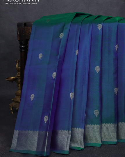 Pure kanchipuram silk saree dual tone bluish green with thread woven buttas and thread woven border