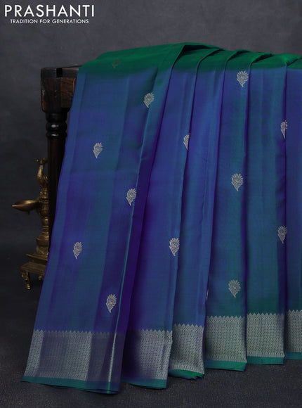 Pure kanchipuram silk saree dual tone bluish green with thread woven buttas and thread woven border
