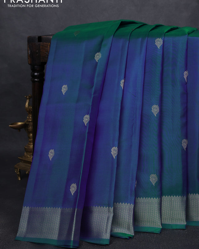 Pure kanchipuram silk saree dual tone bluish green with thread woven buttas and thread woven border
