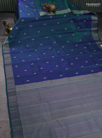 Pure kanchipuram silk saree dual tone bluish green with thread woven buttas and thread woven border