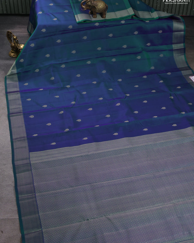 Pure kanchipuram silk saree dual tone bluish green with thread woven buttas and thread woven border