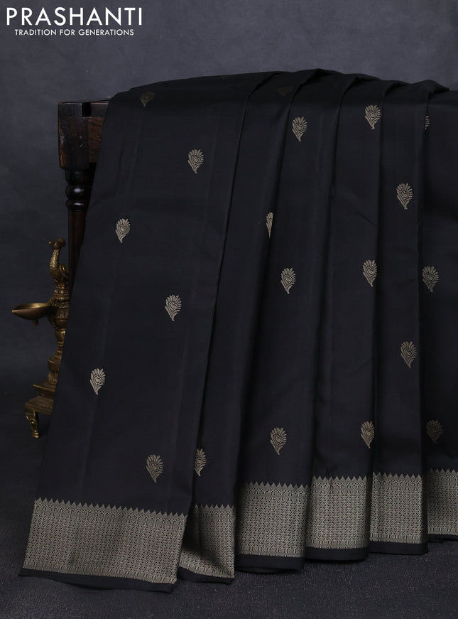 Pure kanchipuram silk saree black with thread woven buttas and thread woven border