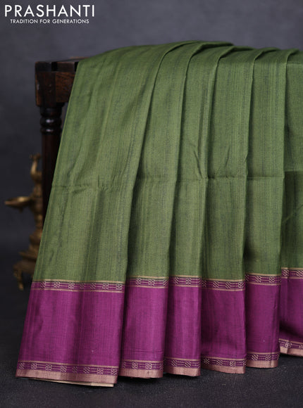 Art tussar saree green and purple with plain body and rettapet zari woven border