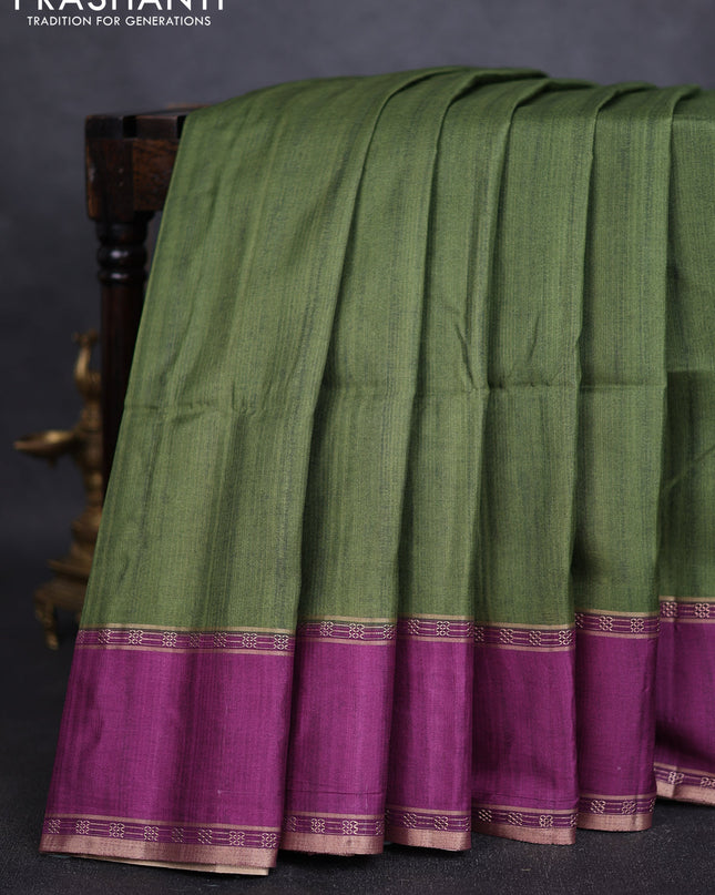 Art tussar saree green and purple with plain body and rettapet zari woven border