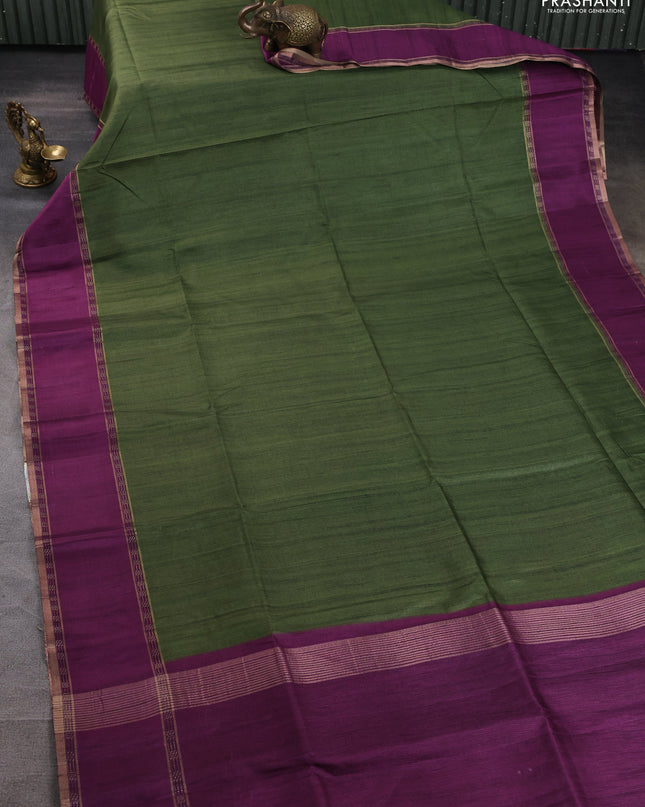 Art tussar saree green and purple with plain body and rettapet zari woven border