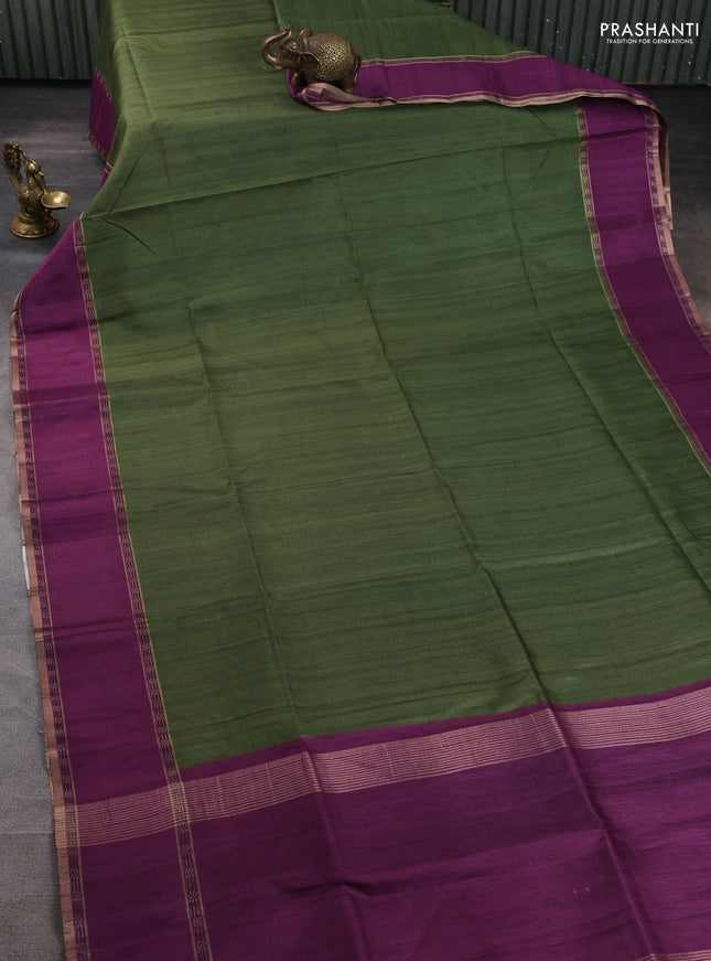 Art tussar saree green and purple with plain body and rettapet zari woven border