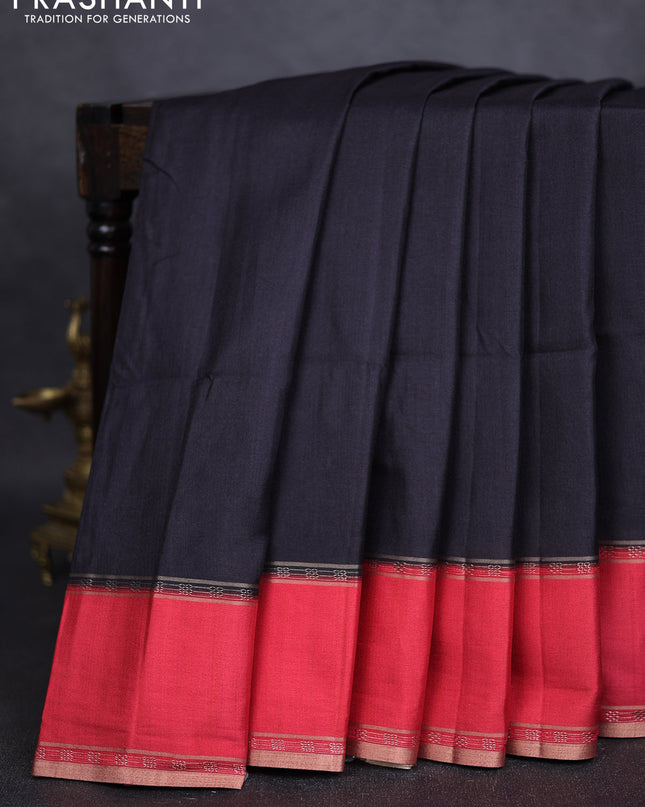 Art tussar saree black and red with plain body and rettapet zari woven border