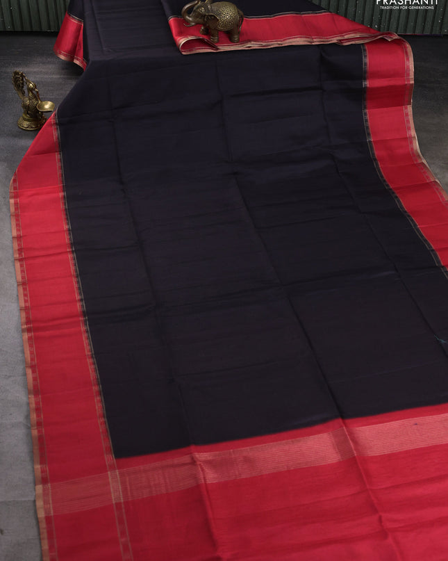 Art tussar saree black and red with plain body and rettapet zari woven border