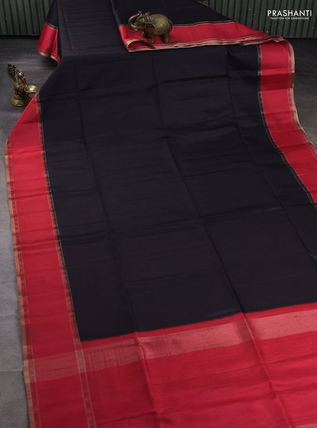 Art tussar saree black and red with plain body and rettapet zari woven border