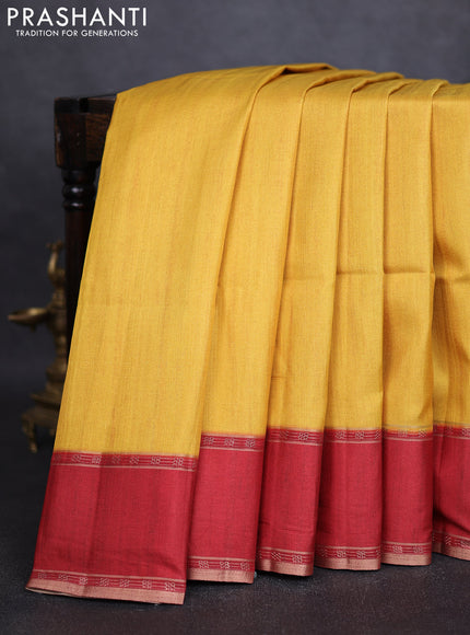 Art tussar saree yellow and maroon with plain body and rettapet zari woven border
