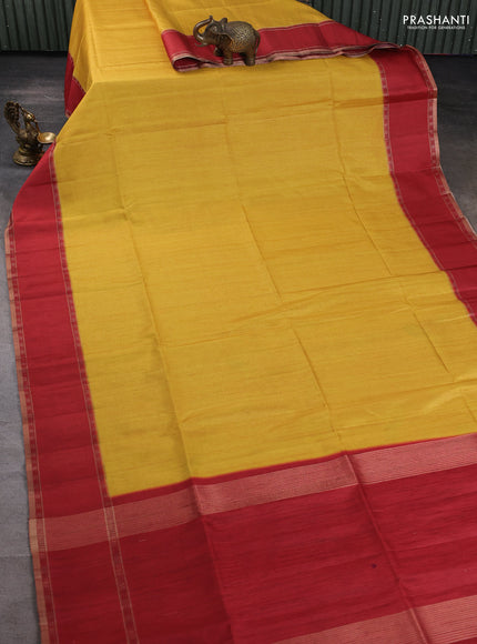 Art tussar saree yellow and maroon with plain body and rettapet zari woven border