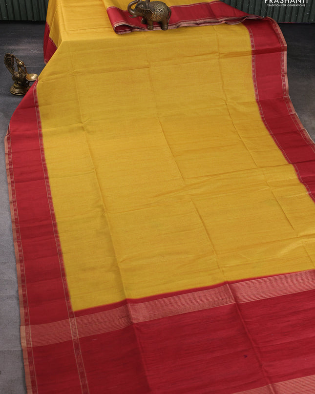 Art tussar saree yellow and maroon with plain body and rettapet zari woven border