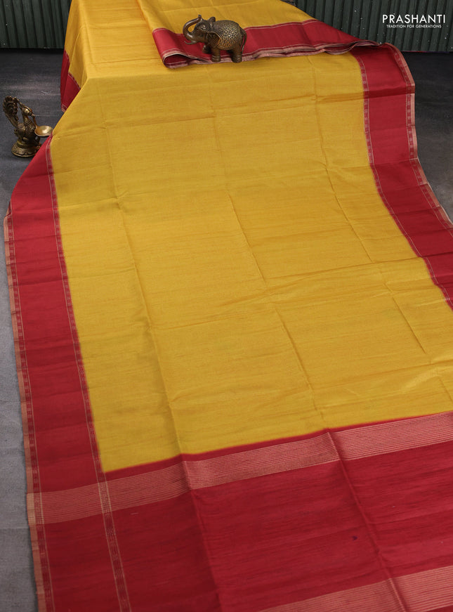 Art tussar saree yellow and maroon with plain body and rettapet zari woven border